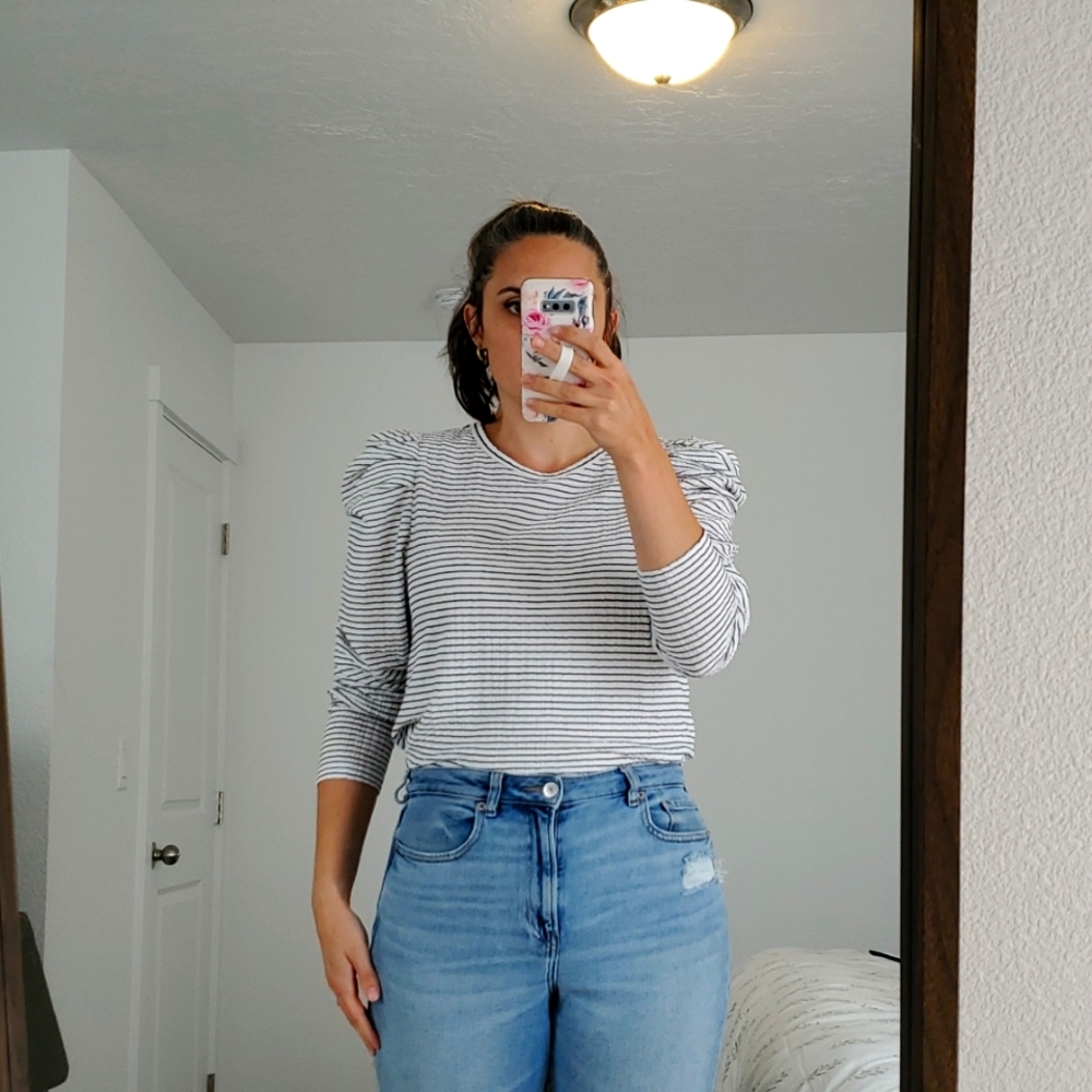 Loft Puffed Sleeve Navy Stripe Top